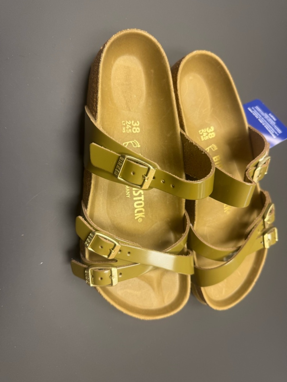 Birkenstock Olive Patent Two-Strap Buckle Sandals 🤍